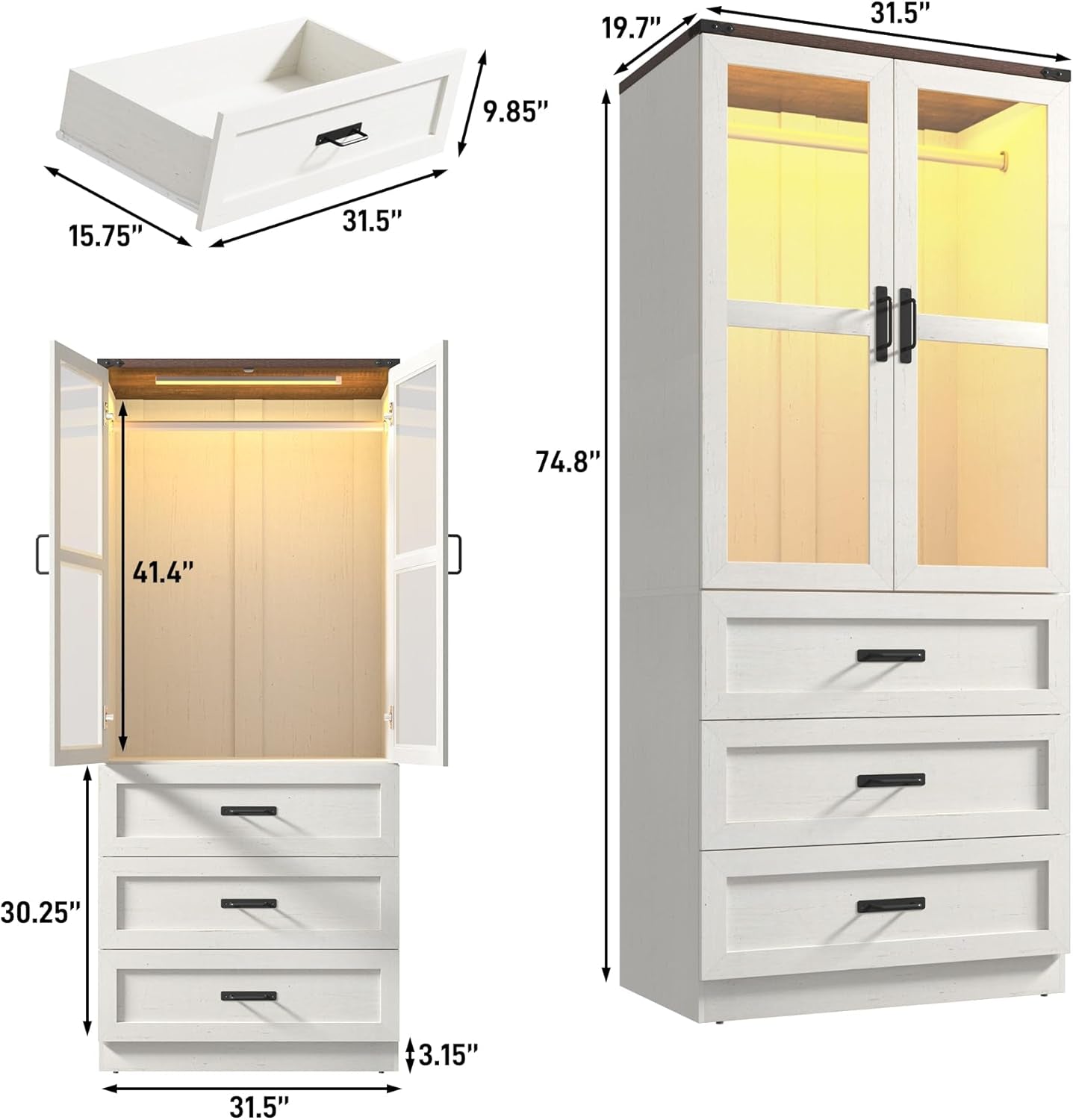 75" Tall Farmhouse 2 Doors Armoire Wardrobe Closet with 3 Drawers and Led,Freestanding Closet Wardrobe Cabinet for Bedroom with Hanging Rod,Wooden Armoire Storage Cabinet Adjustable(Rustic off White)