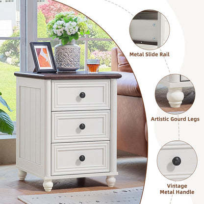 18" Farmhouse Night Stand, White Wood Nightstand with 3 Drawers, Bedside End Table with Storage and Roman Column, Bed Side Tables Cabinet for Bedroom, Living Room, and Closet