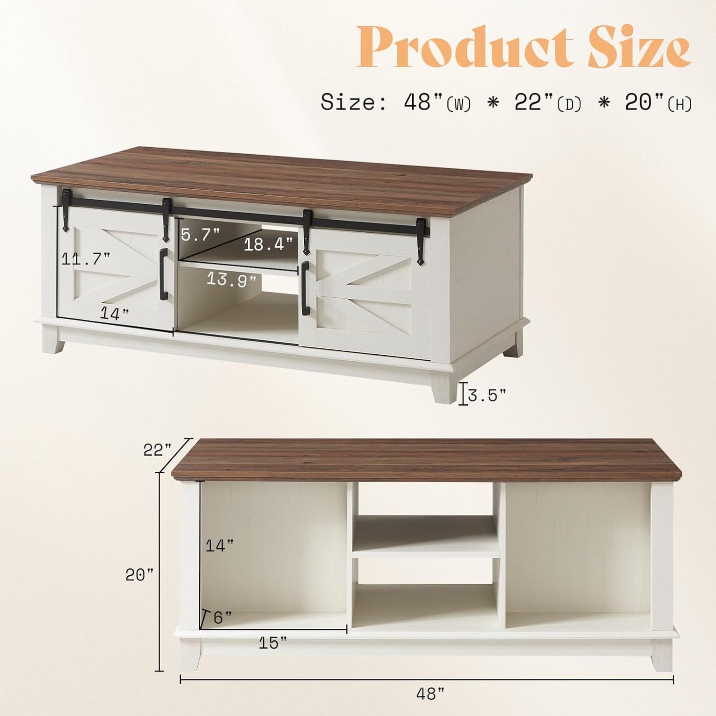 Farmhouse Coffee Table with Sliding Barn Doors & Storage Cabinet for Living Room, 48" Modern Center Table, Adjustable Shelves, Rustic White