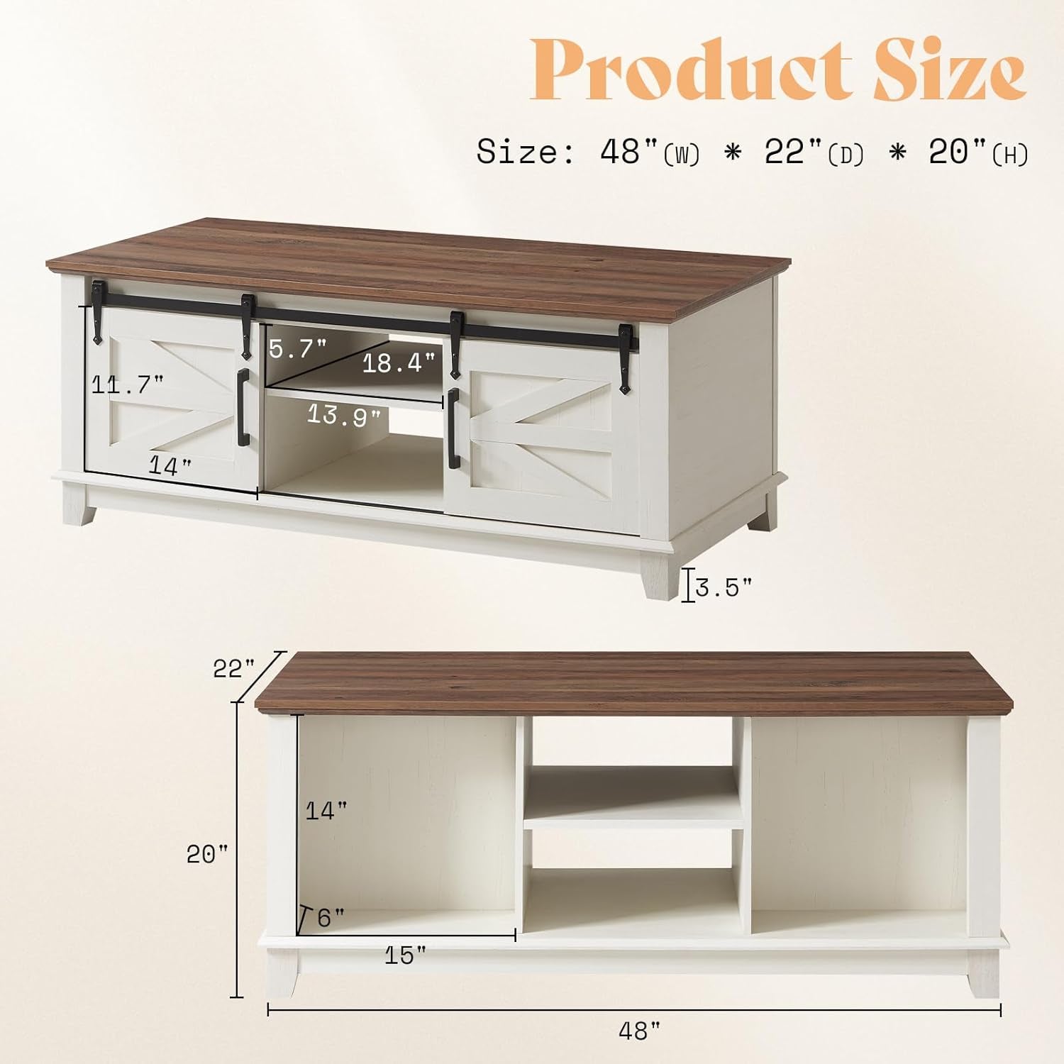 Farmhouse Coffee Table with Sliding Barn Doors & Storage Cabinet for Living Room, 48" Modern Center Table, Adjustable Shelves, Rustic White