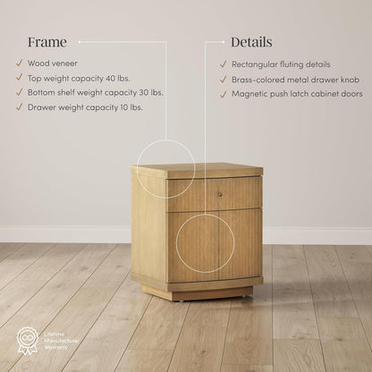Tambellini Mid Century Modern Nightstand, Bedside Table with Drawer and Cabinet Storage, Solid Wood Legs and Fluted Door Fronts, Light Brown