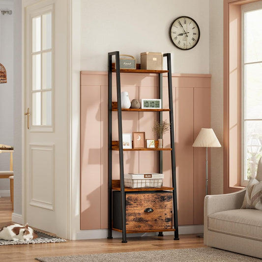 5-Tier Ladder Shelf, Ladder Bookshelf with Removable Drawer, Rustic Bookcase Storage Rack Organizer, Wood Metal Freestanding Storage Shelf for Living Room, Home Office, Bedroom, Balcony