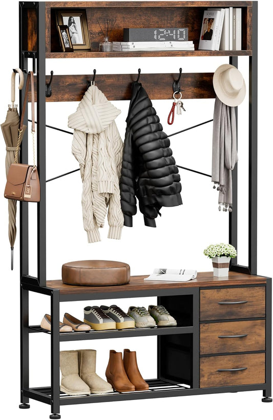 Hall Tree with Bench and Shoe Storage, 31.5" Coat Rack Freestanding with 2-Tier Storage Shelf, 6-In-1 Entryway Bench Coat Rack with 12 Hooks and 3 Drawers(Rustic Brown)