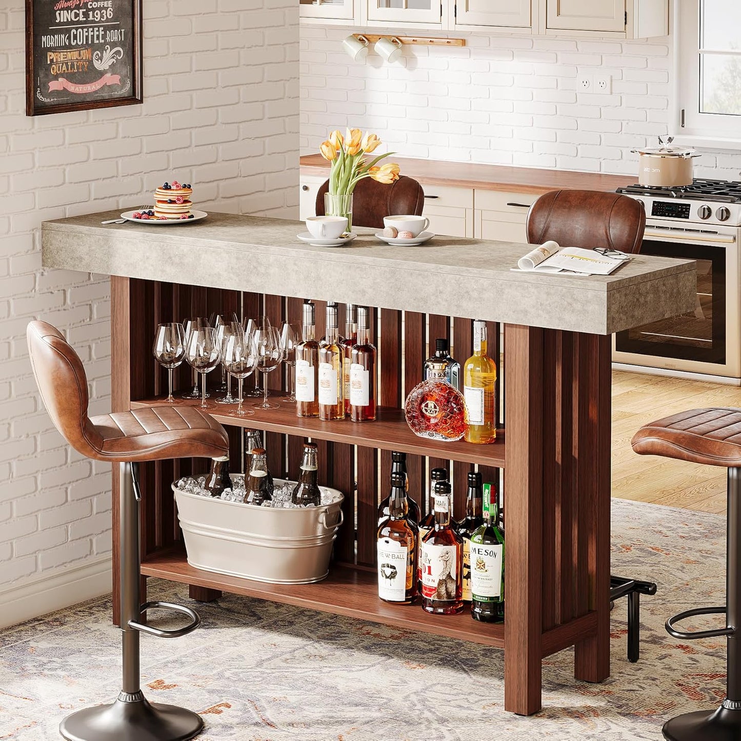 63-Inch Large Home Bar Unit, 2-Tier Kitchen Island Mini Bar Height Pub Table with Footrest, Modern Coffee Bar Cabinet for Dining Room, Bistro, Living Room