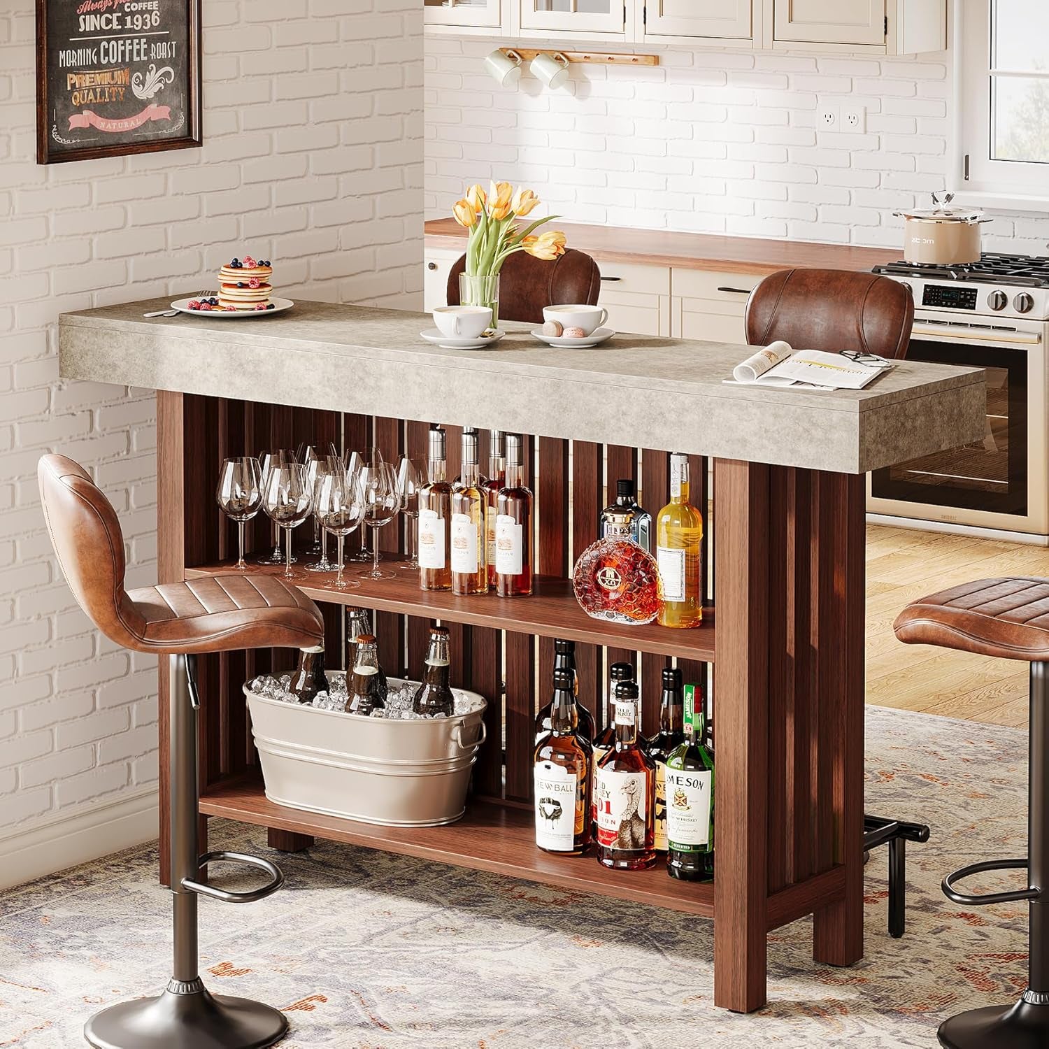 63-Inch Large Home Bar Unit, 2-Tier Kitchen Island Mini Bar Height Pub Table with Footrest, Modern Coffee Bar Cabinet for Dining Room, Bistro, Living Room