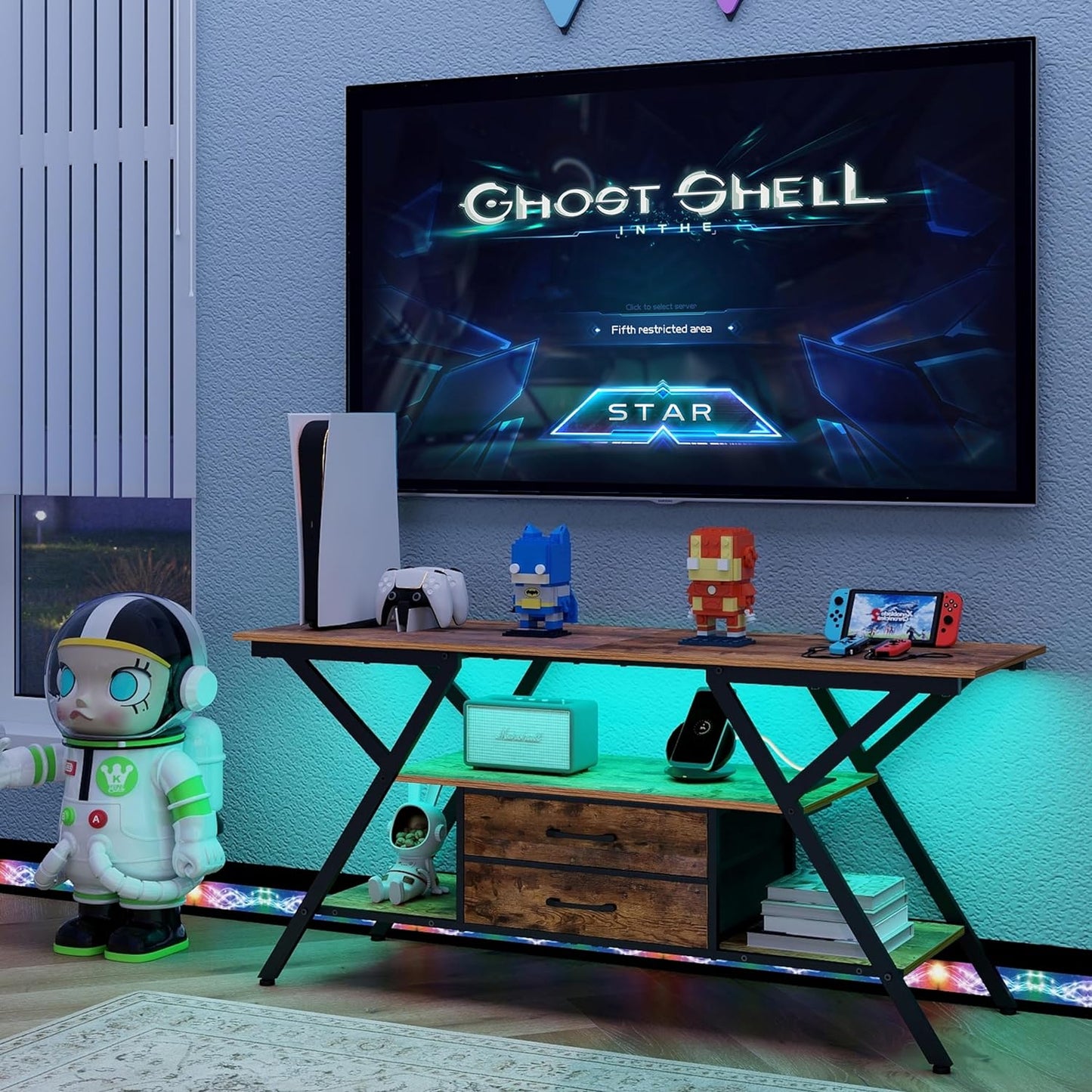 TV Stand with Power Outlet and LED Lights, Fits Tvs up to 65”, 2 Fabric Drawers Entertainment Center with Open Storage Shelves, Media Console for Living Room, Bedroom (Rustic Brown)