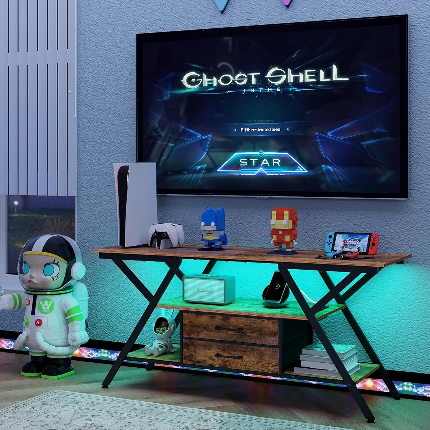 TV Stand with Power Outlet and LED Lights, Fits Tvs up to 65”, 2 Fabric Drawers Entertainment Center with Open Storage Shelves, Media Console for Living Room, Bedroom (Rustic Brown)