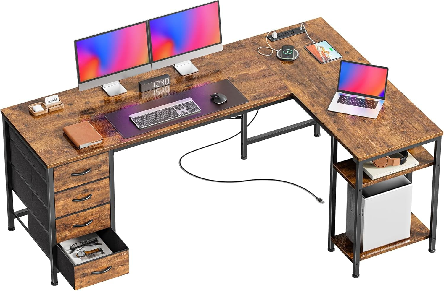 63 Inch L Shaped Desk with Fabric Drawers, Computer Office Desk with Power Outlets and USB-C Port, Corner Desk with Storage Shelves, for Gaming Work Study Home Office, Reversible, Rustic Brown