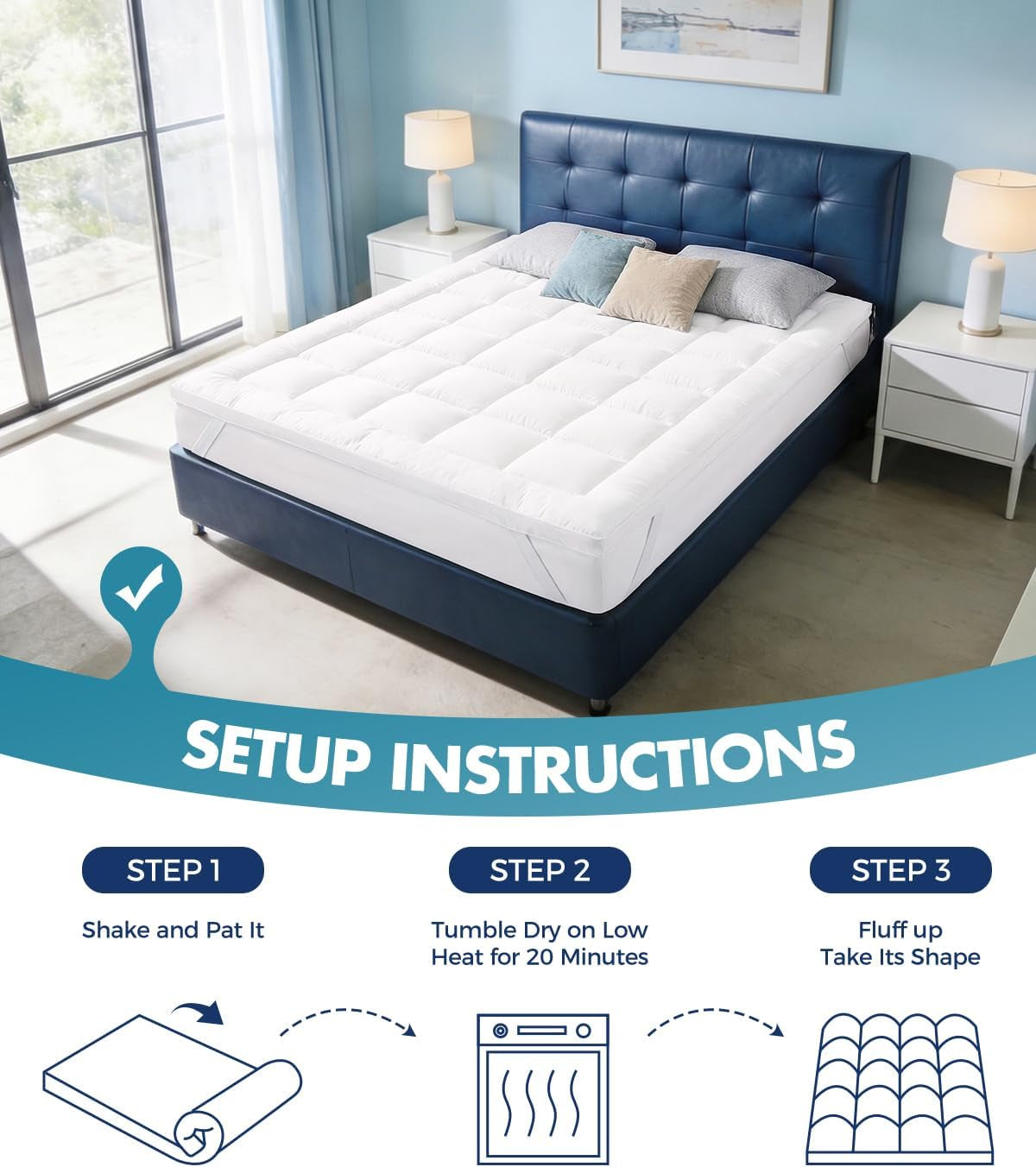 Queen Size Mattress Topper 1 Inch, Plush Polyester Fiber Bed Topper for Soft Support & Pain Relief, 4 Elastic Corner Straps, White