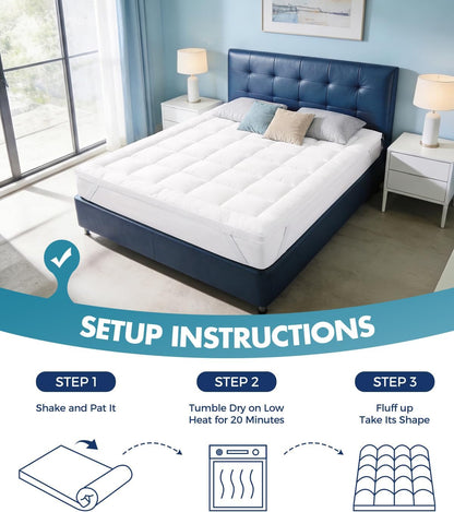 Queen Size Mattress Topper 1 Inch, Plush Polyester Fiber Bed Topper for Soft Support & Pain Relief, 4 Elastic Corner Straps, White