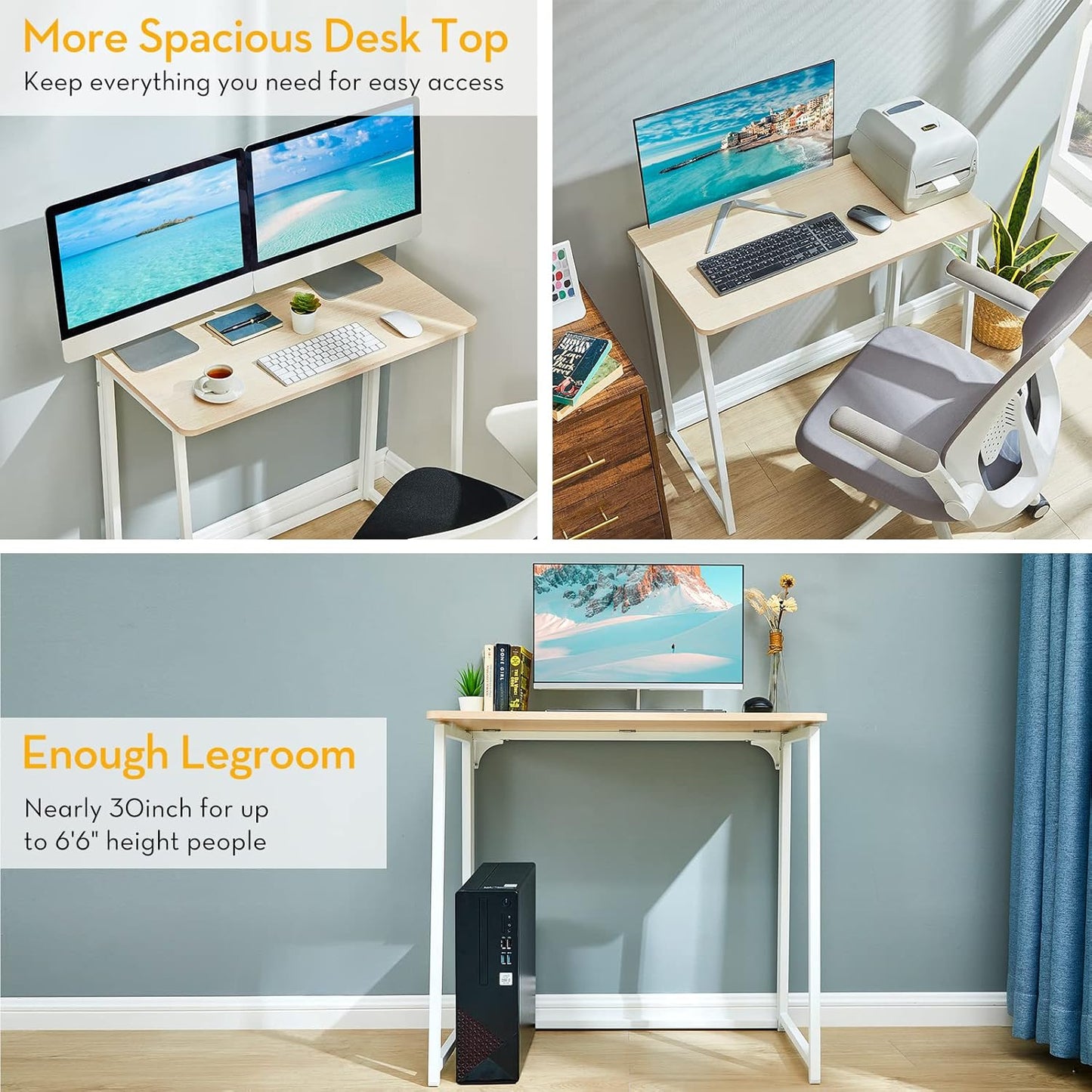 Folding Desk, Small Foldable Desk 31.5" for Small Spaces, Space Saving Computer Table Writing Workstation for Home Office, Easy Assembly, Oak