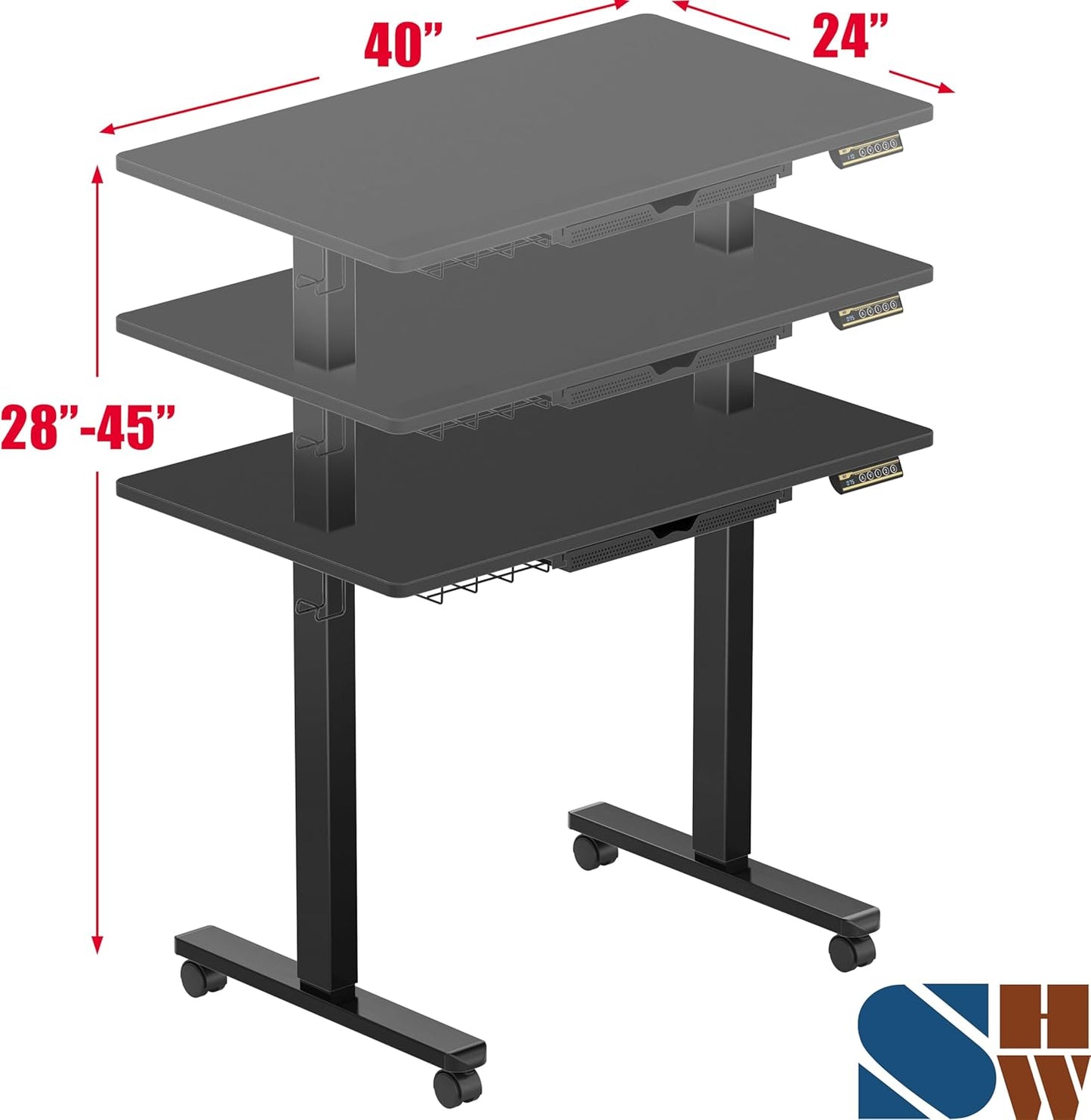 40-Inch Mobile Electric Height Adjustable Sit to Stand Desk with Drawer, Hanging Hooks and Cable Management, Black