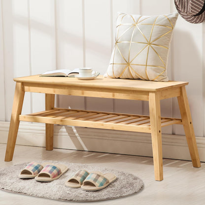 Bamboo Dining Bench, 33.46" Indoor Storage Bench, Small Wood Benches for Entryway, Living Room, Bedroom, Hallway, Outdoor Wooden Bench, Holds up to 300Lbs