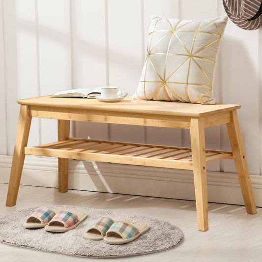 Bamboo Dining Bench, 33.46" Indoor Storage Bench, Small Wood Benches for Entryway, Living Room, Bedroom, Hallway, Outdoor Wooden Bench, Holds up to 300Lbs