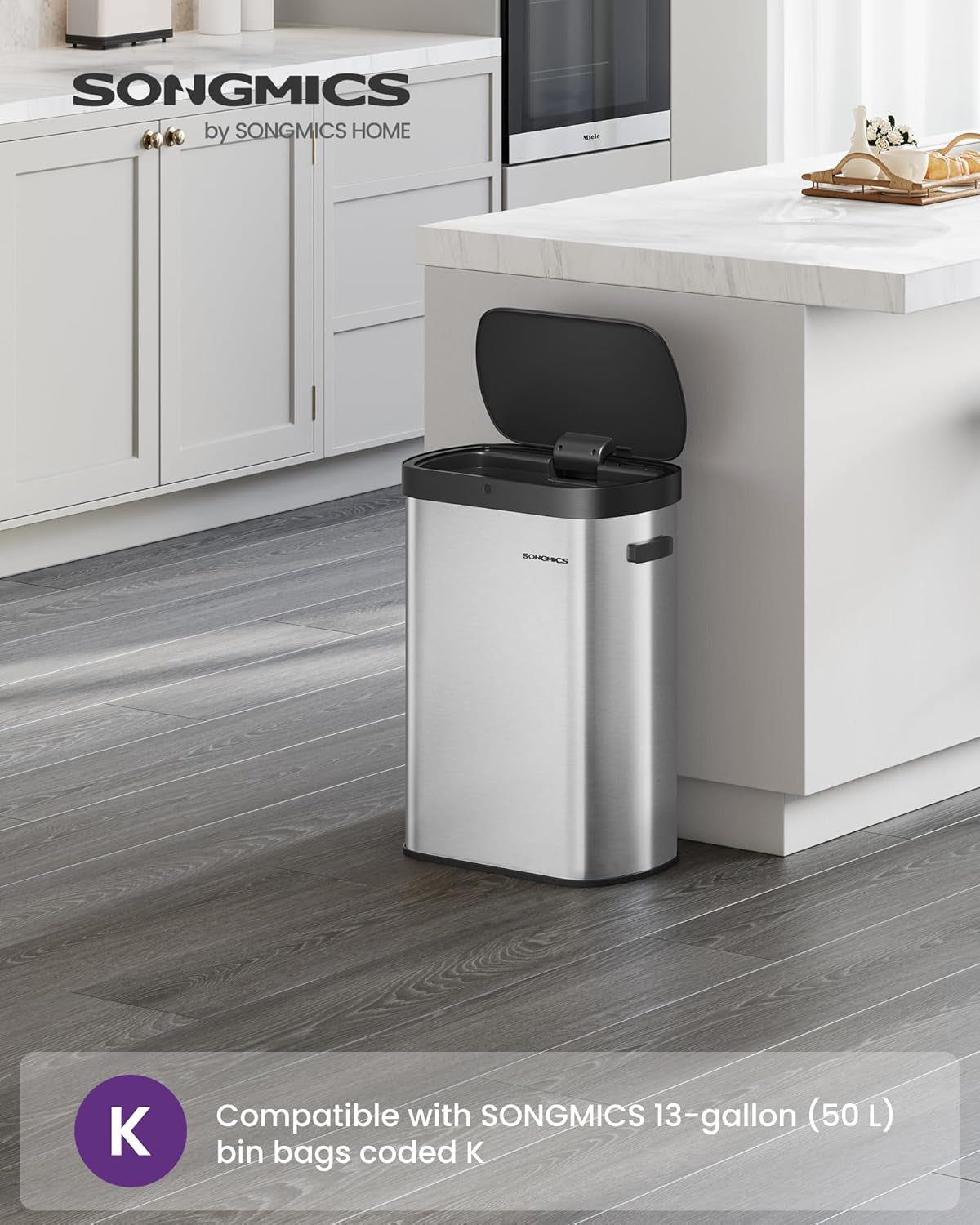 Motion Sensor Trash Can, 13-Gallon (50 L) Automatic Garbage Can with Soft Close Lid, Stainless Steel, Wave or Touch to Open, Includes 15 Bags, Metallic Silver and Ink Black ULTB640E01