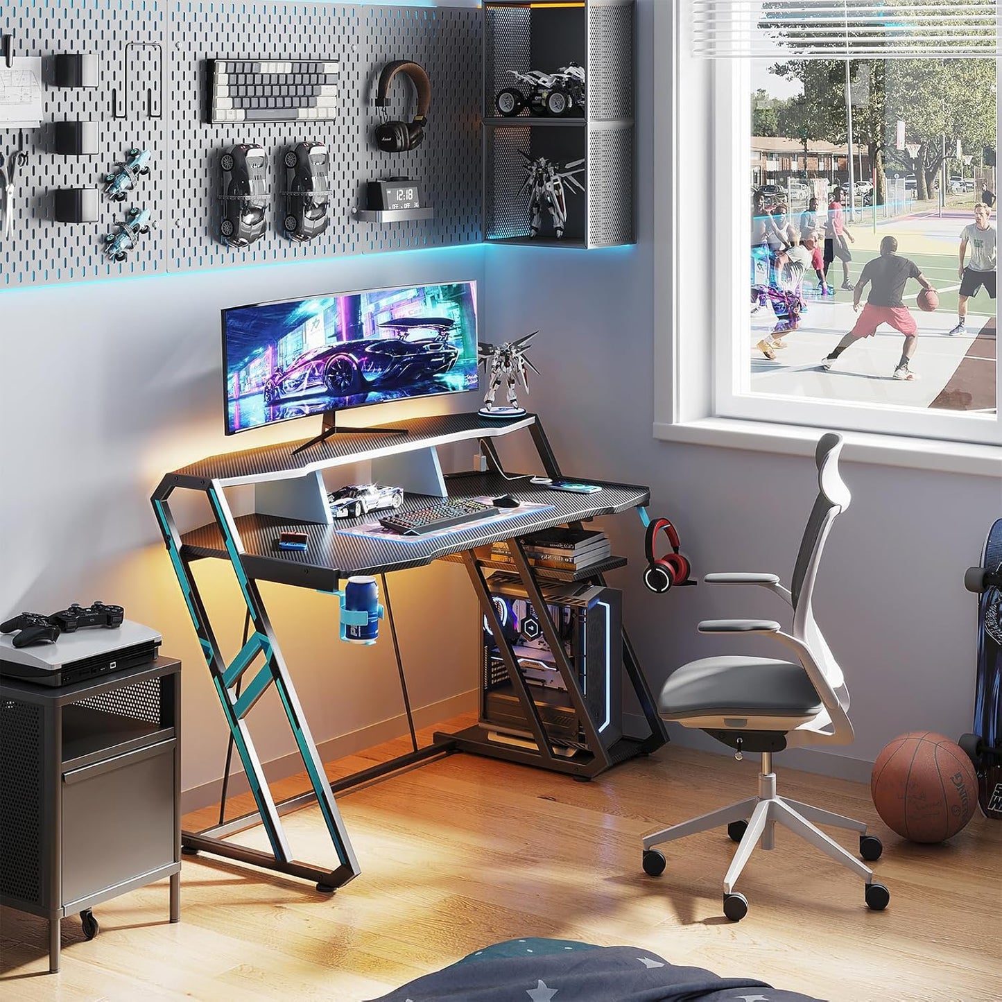 Gaming Desk with Power Outlet & LED Lights, Computer Desk 48 Inch with PC Storage Shelf, Gaming Table with Carbon Fiber Texture, Gamer Desk, Gift for Boys Men, Black