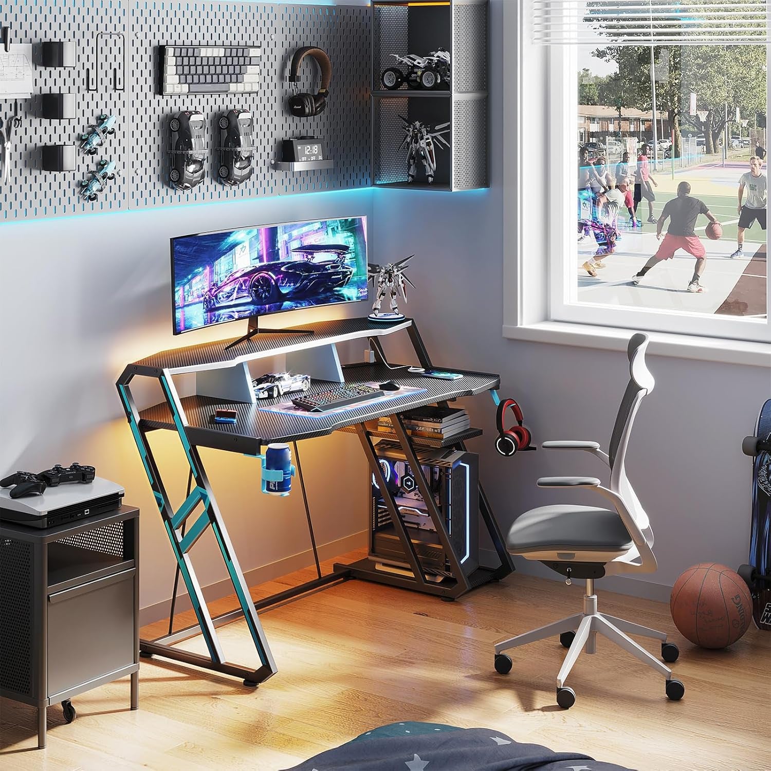 Gaming Desk with Power Outlet & LED Lights, Computer Desk 48 Inch with PC Storage Shelf, Gaming Table with Carbon Fiber Texture, Gamer Desk, Gift for Boys Men, Black