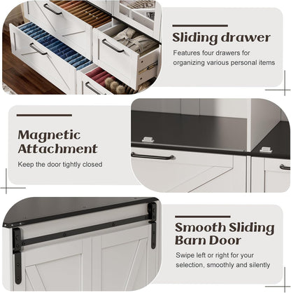 Armoire Wardrobe Closet with W/Folding Sliding Barn Door, Bedroom Armoires with Mirror and Sensor Lights, Hanging Rod, Wardrobe Closet for Bedroom (19.69" D X 47.24" W X 72.83" H)