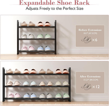 3-Tier Expandable Shoe Rack for Closet, 18“-33” Adjustable Shoe Rack for Small Space, Small Shoe Organizer for Front Door, Sturdy Metal, Black
