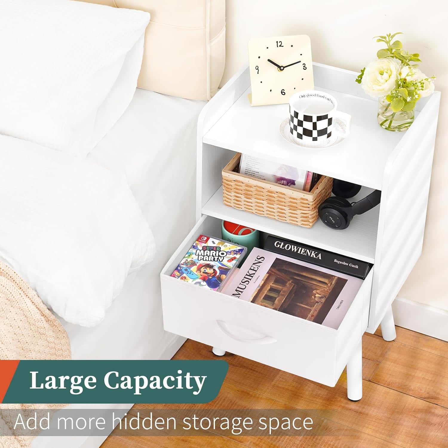 Modern Nightstand with Drawer, Bedside Tables, Mid Century Nightstands with Open Storage Shelf, Wood Bedside Table, Small Night Stands for Bedrooms, 2-Tier Night Table