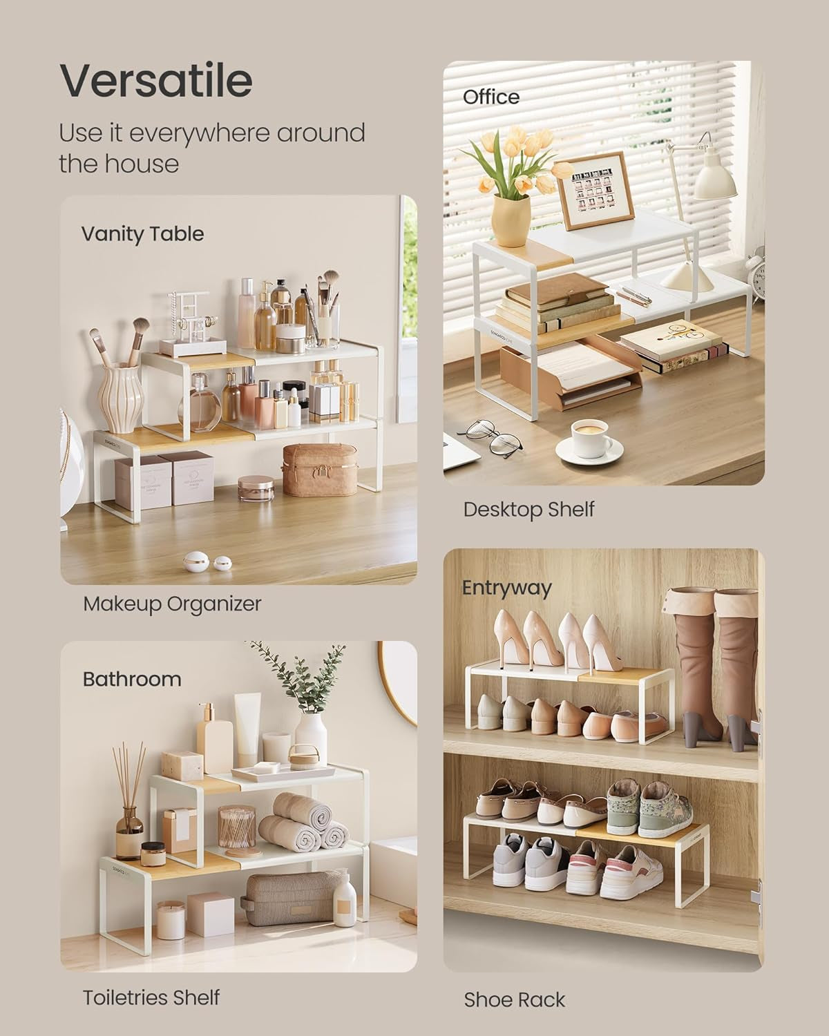 HOME Spice Racks, Expandable Cupboard Shelf Orgnizers, Kitchen Counter Shelves, Bamboo and Metal, Space-Saving Shelving, Stackable, Light Bamboo and Cream White UKCS051N01