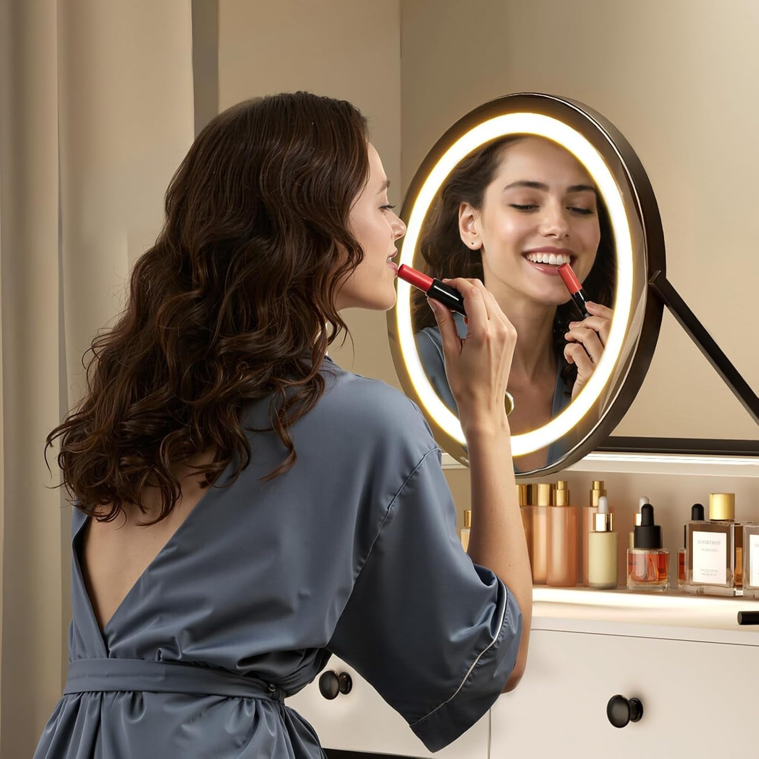 Small  Desk with Mirror for Bedroom: Compact Makeup Table Set with Lights - 31.5 Inch White Dresser Vanities with Chair for Girls