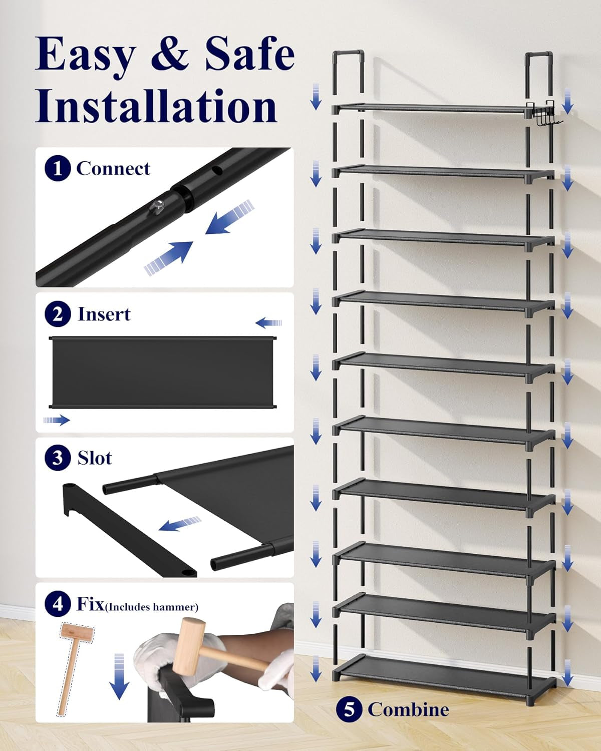 Shoe Rack for Closet - 10-Tier Shoe Organizer with Hook Rack, Large-Capacity & Space-Saving Shoe Shelf for Entryway, Bedroom, Living Room,32.2" X 11.8" X 68.5", Black