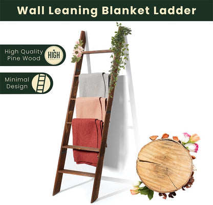 Decorative Wooden Blanket Ladder for the Living Room and Bedroom, 5Ft 8 Inch, Pine Wood Quilt Ladder, 6-Tier Wall Leaning Blanket Rack Stand, Farmhouse Blanket Ladder for Home Décor N Display.(Brown)