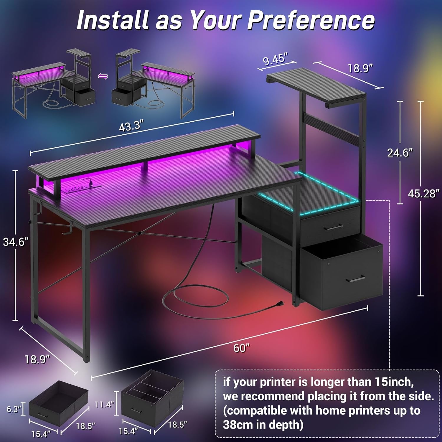 Gaming Desk with LED Strip & Power Outlet, 59Inch Reversible Computer Desk with Monitor Stand & Storage Shelves, Home Office Desks with Fabric File Drawer, PC Gamer Table, Carbon Fiber Black