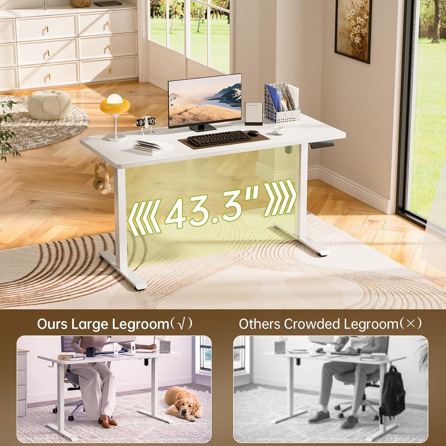 55 Inch Large Electric Standing Desk,Sit to Stand Up, Heights Adjustable, Work Home Office Computer Table for Study, Walking Pad, Writing, and Games, Wooden Desktop Desks, White