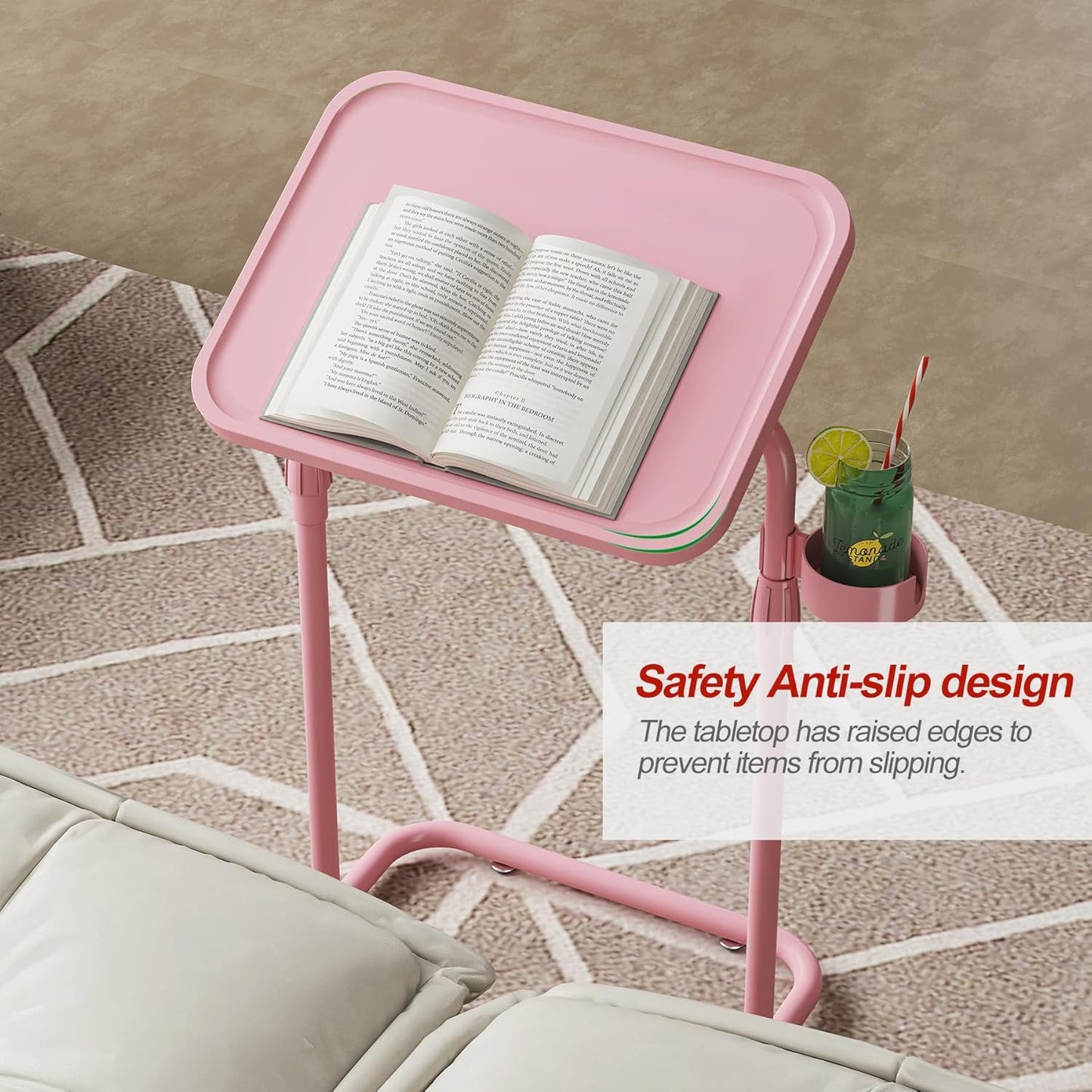 C Shaped End Table with Tiltable Surface, Adjustable Height Side Table, Slide under Couch Table TV Tray for Eating, Sofa Tray for Livingroom, Bedroom Pink TB01BP091