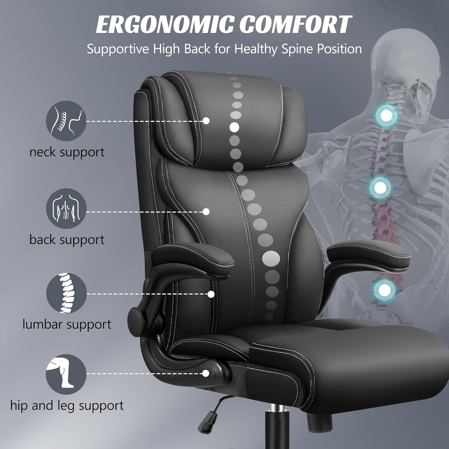 Office Chair, Ergonomic Big and Tall Computer Desk Chairs, Executive Breathable Leather Chair with Adjustable Flip-Up Armrests, Lumbar Support Swivel PC Chair with Rocking Function