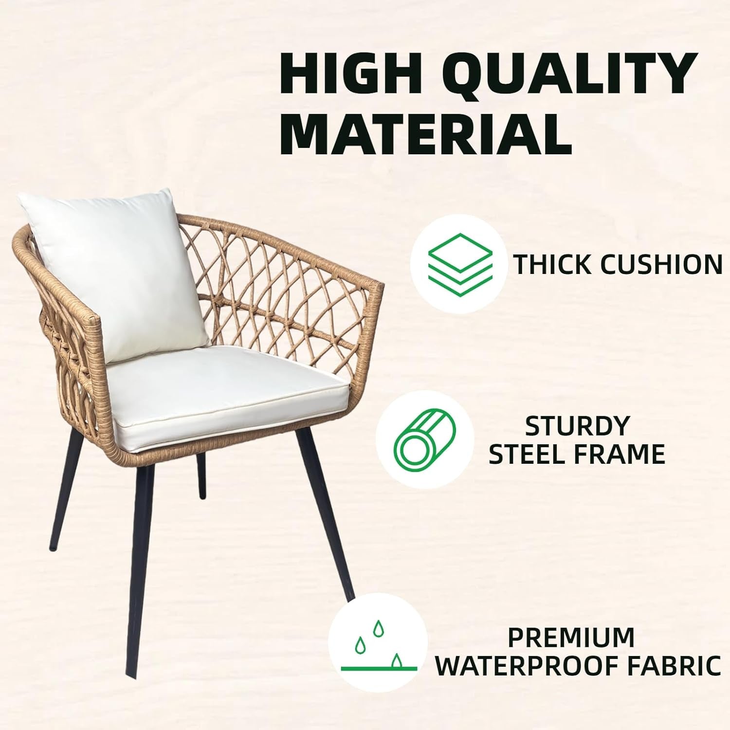4 Piece Patio Furniture Set,Outdoor Conversation Set with Wicker Sofa, 2 Rattan Chairs and Glass Table, Patio Bistro Set with All Weather Cushions, for Garden, Porch, Backyard (Beige)