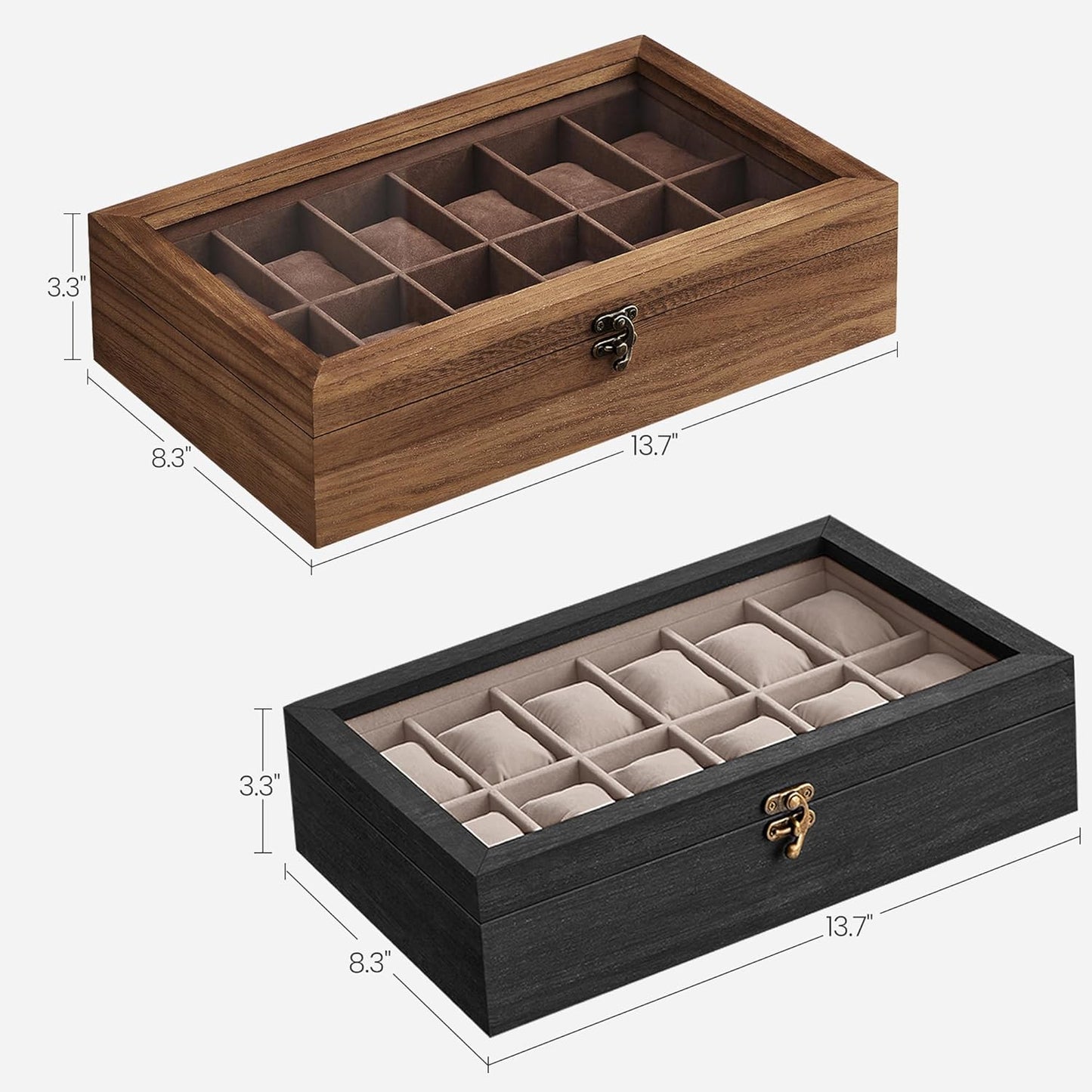 Watch Boxes Bundle, 12-Slot Watch Cases, Solid Wood Watch Box Organizers with Glass Lid, Removable Pillows, Gift for Loved Ones, Ebony Black and Rustic Walnut UJOW120B01 and UJOW120K01