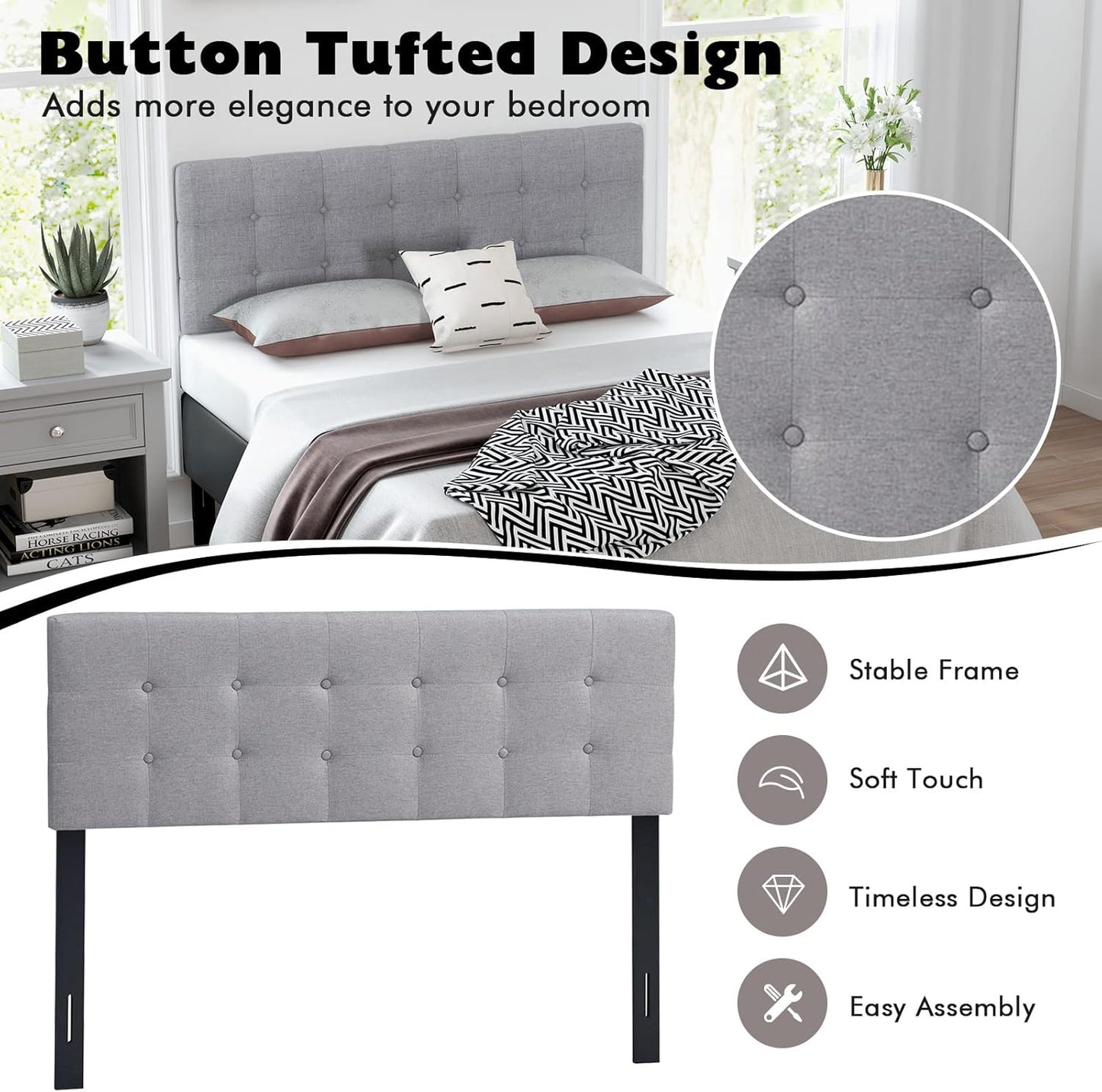 Linen Upholstered Headboard, Adjustable Width Button Tufted Headboard Only with Solid Wood Legs, Attach Frame, Rectangular Headboard for Queen Full Size Bed, Gray