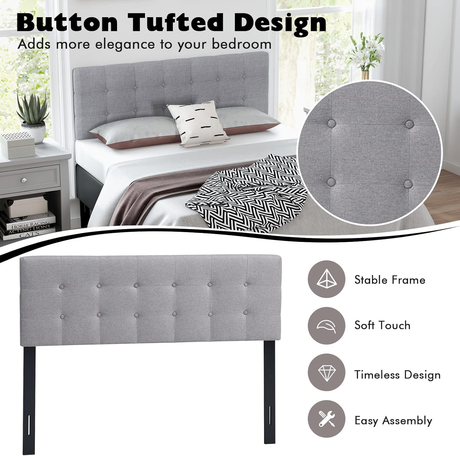 Linen Upholstered Headboard, Adjustable Width Button Tufted Headboard Only with Solid Wood Legs, Attach Frame, Rectangular Headboard for Queen Full Size Bed, Gray