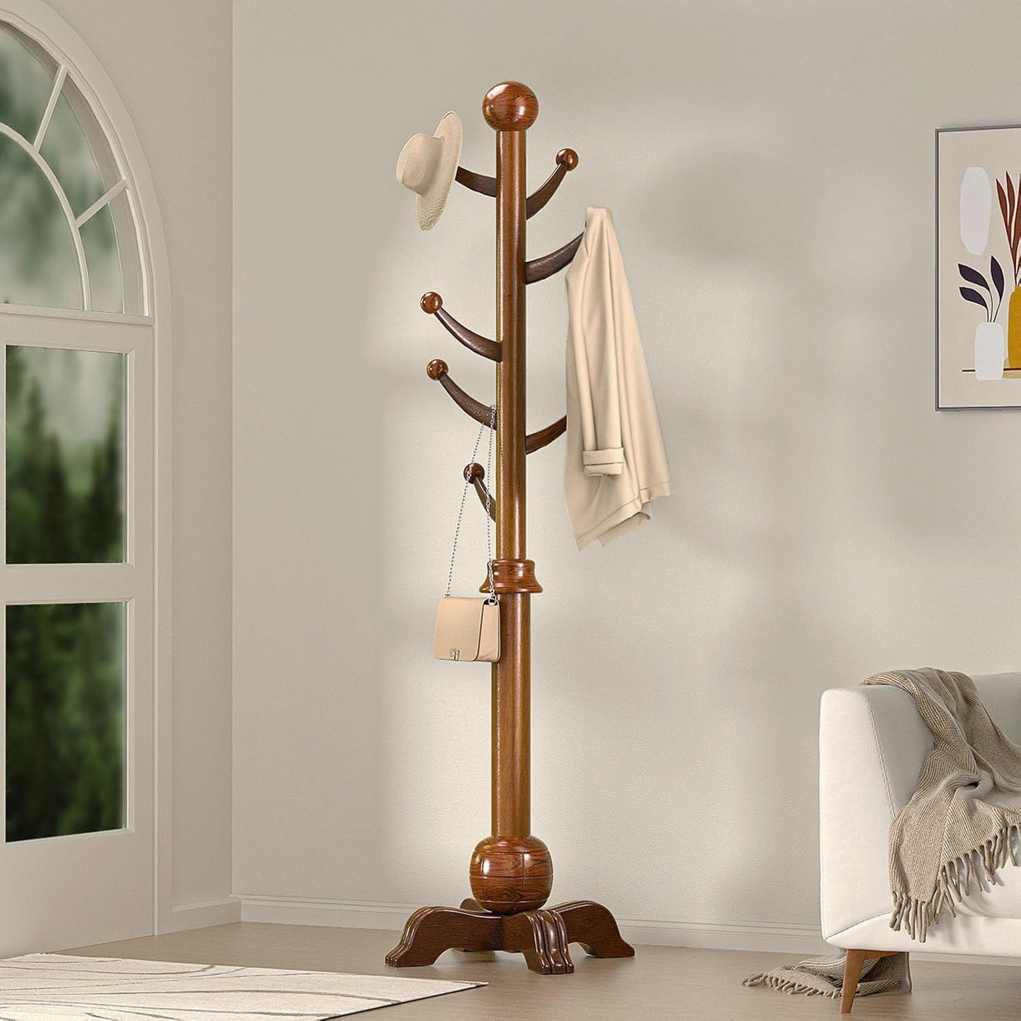 Hall Tree, Freestanding Wood Tree Rack with 7 Hooks, Coat Rack with Stable Sphere Base, Wooden Coat Rack Stand, Load 210 Lb, Coat Hanger Stand for Entryway, Hallway, Bedroom, H:72 In, Walnut