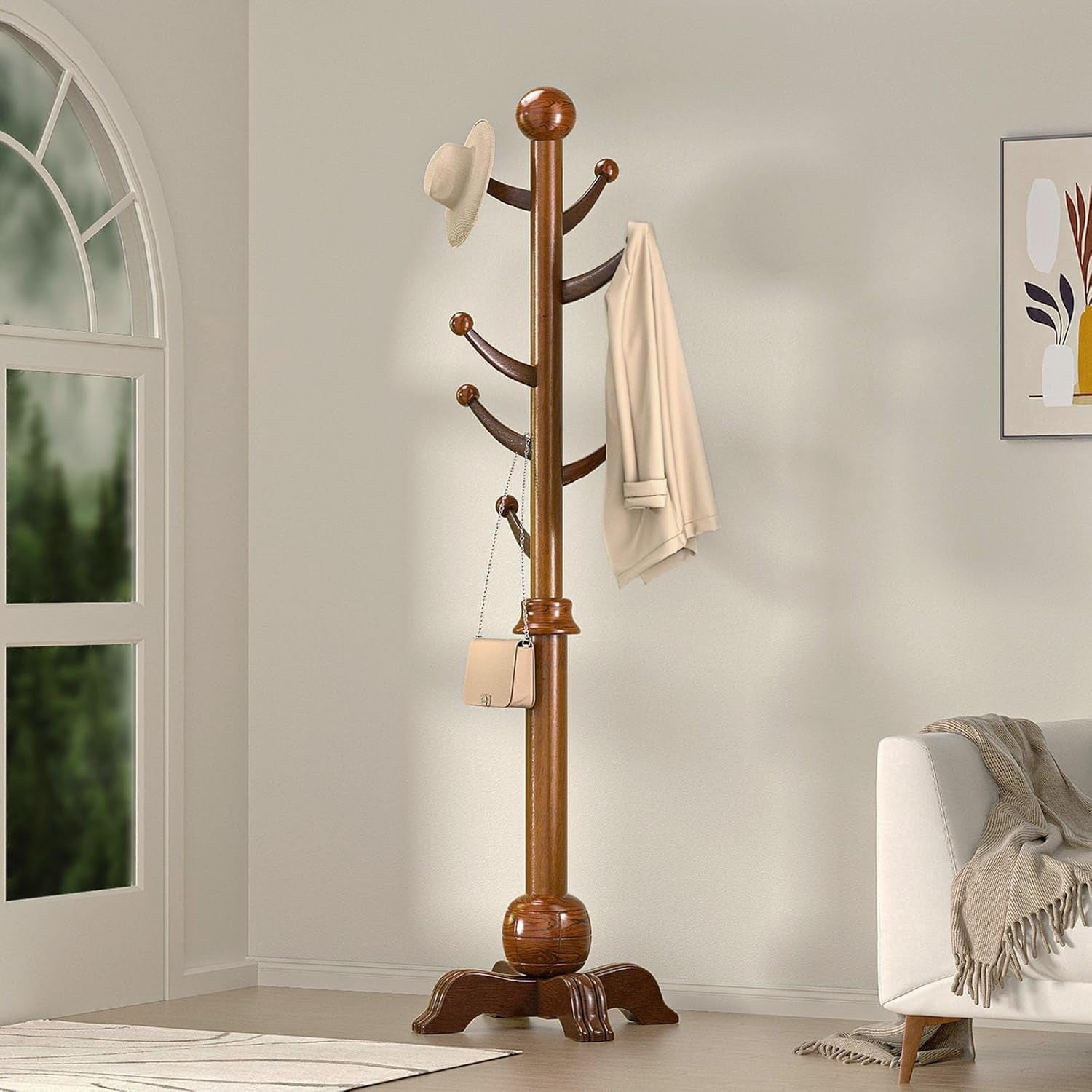 Hall Tree, Freestanding Wood Tree Rack with 7 Hooks, Coat Rack with Stable Sphere Base, Wooden Coat Rack Stand, Load 210 Lb, Coat Hanger Stand for Entryway, Hallway, Bedroom, H:72 In, Walnut