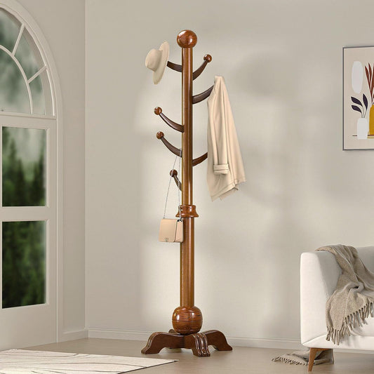 Hall Tree, Freestanding Wood Tree Rack with 7 Hooks, Coat Rack with Stable Sphere Base, Wooden Coat Rack Stand, Load 210 Lb, Coat Hanger Stand for Entryway, Hallway, Bedroom, H:72 In, Walnut