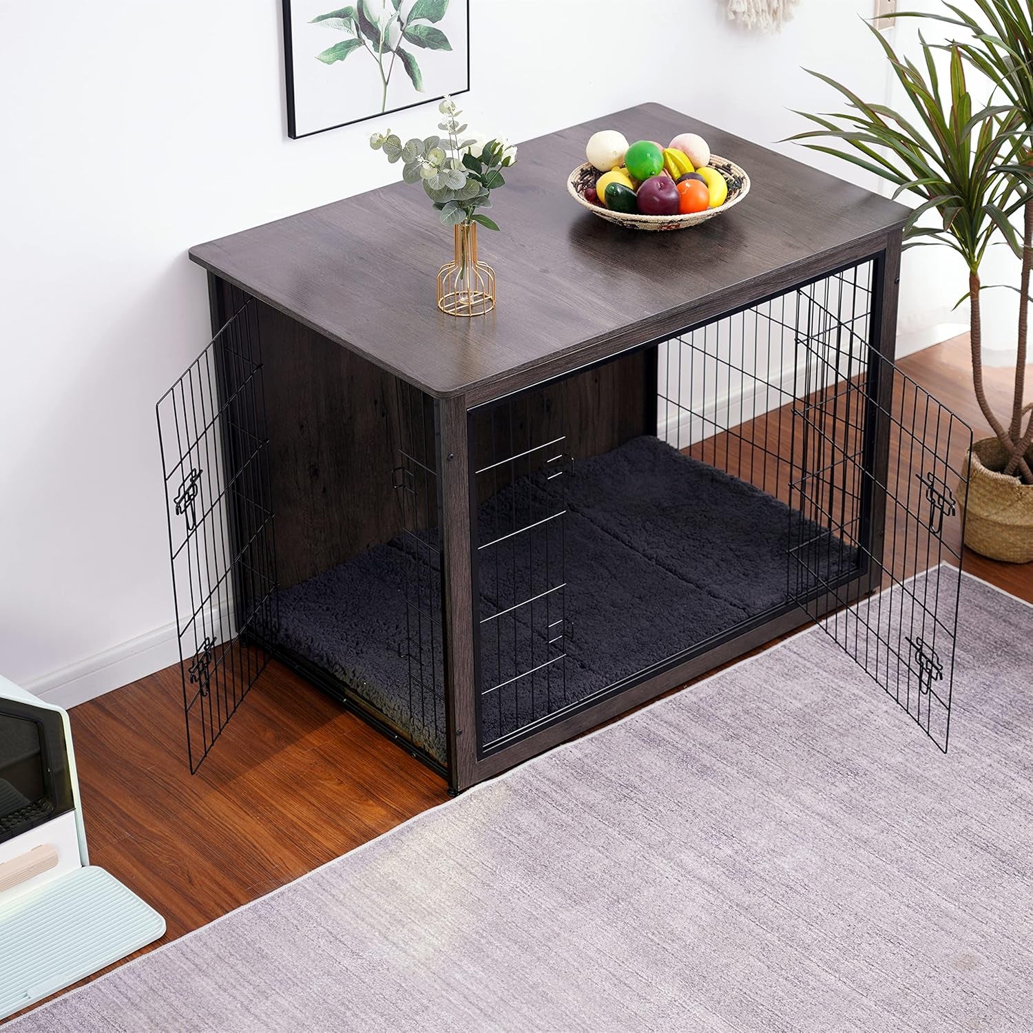 Dog Crate Furniture with Cushion, Wooden Kennel Table with Double Doors, Indoor Dog House, Extra Large Size, 43.3" L, Dark Gray