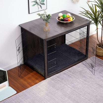 Dog Crate Furniture with Cushion, Wooden Kennel Table with Double Doors, Indoor Dog House, Extra Large Size, 43.3" L, Dark Gray
