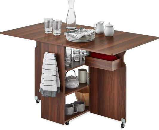 Folding Dining Table, Multipurpose Space Saving Collapsible Drop Leaf Extension Desk W/Wheels, 3 Storage Shelves - Brown