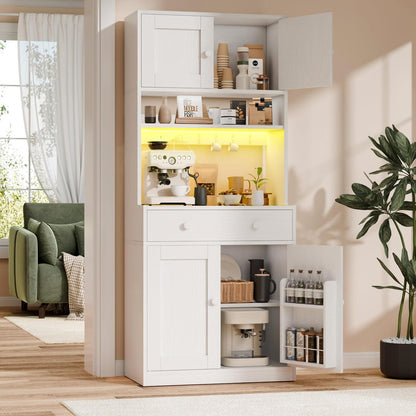 71" Tall Kitchen Pantry Storage Cabinet with Power Outlet & LED Light, Freestanding Food Pantry Cabinet with 4 Doors and Shelves, Cupboard with Drawer, Hutch with Microwave Stand, White