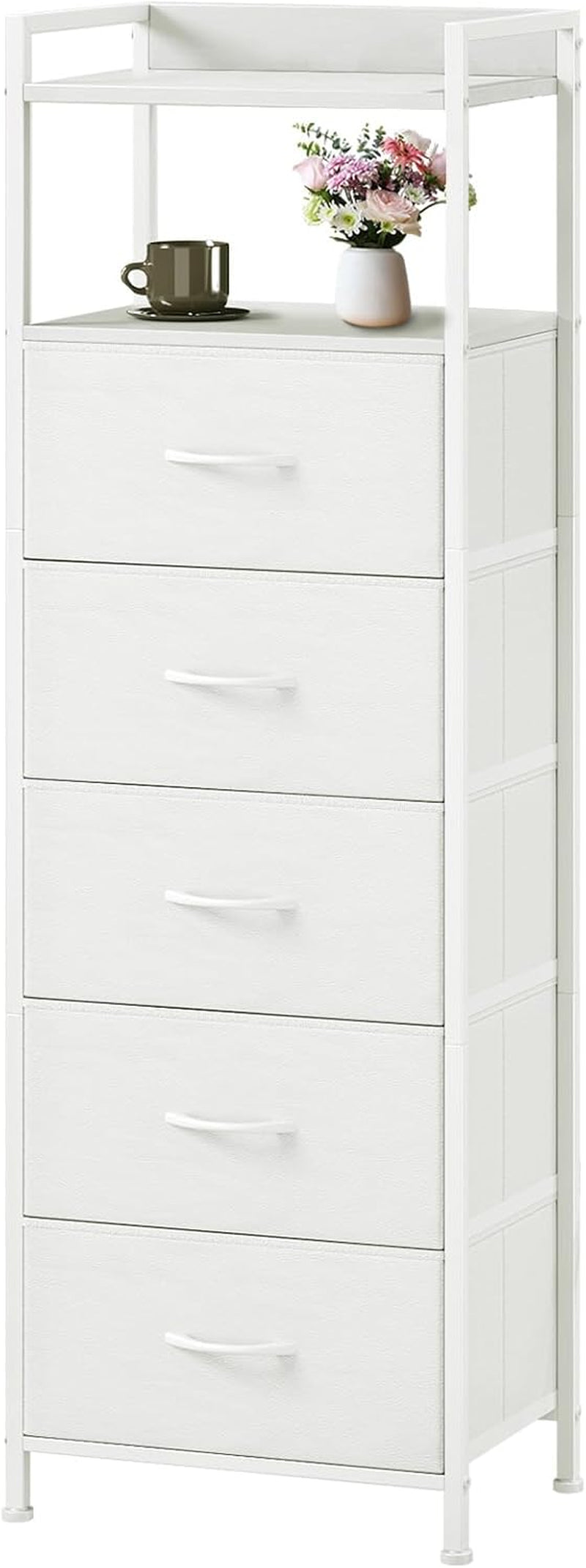 White Tall Night Stand for Bedroom,Tall 5 Drawers Dresser, Vertical Storage Tower Unit, Nightstand Furniture with Fabric Drawer Organizer in Bedside Kids Dorm Room Closet Laundry Entryway
