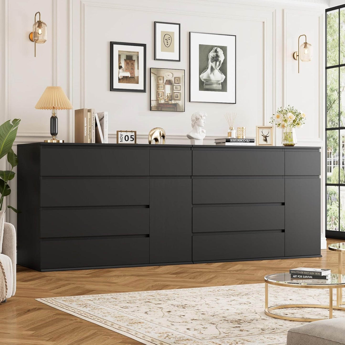 5 Drawer Dresser, Black Dresser for TV Stand, Double Wide Storage Chest of Drawers with Door, Deep Drawers and Wide Storage Space