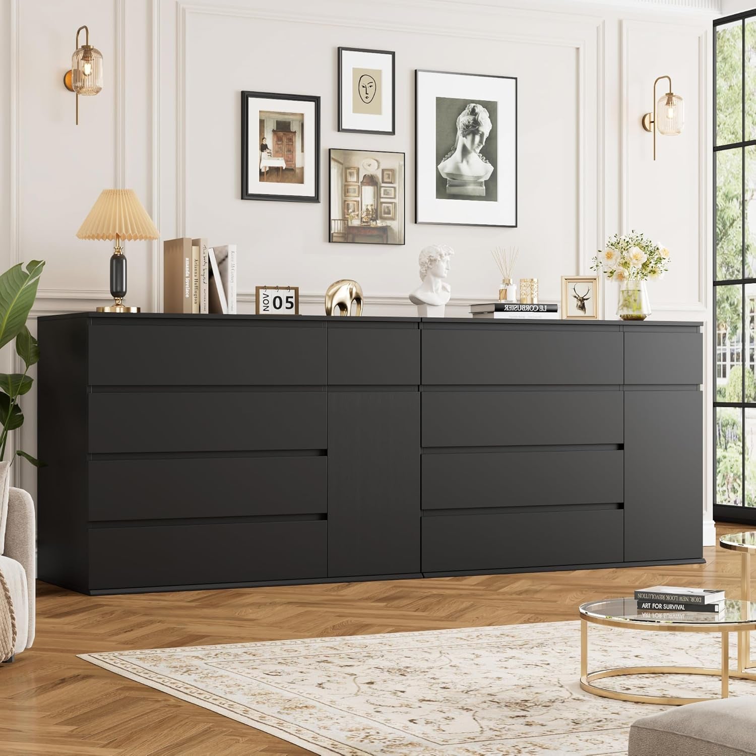 5 Drawer Dresser, Black Dresser for TV Stand, Double Wide Storage Chest of Drawers with Door, Deep Drawers and Wide Storage Space