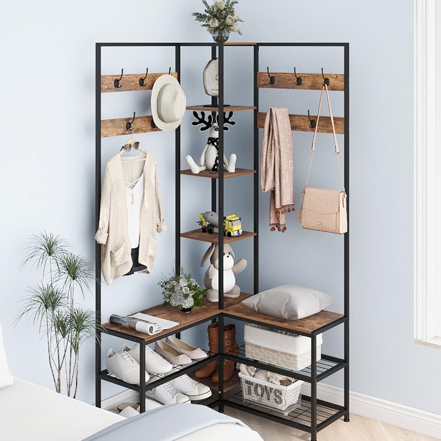 Corner Hall Tree with Shoe Rack Storage Bench Display Open Shelves Modern Industrial Entryway Coat Rack Stand for Home Living Room Mudroom Bedroom Multifunctional 5 in 1 (Rustic Brown)
