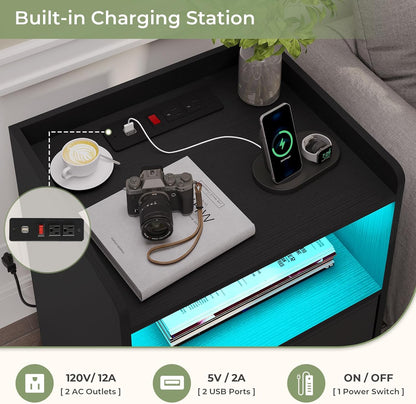 Night Stand Set of 2 with LED Lights and Charging Station, Modern Bedside End Table with 2 Fabric Storage Drawers, Black Nightstands for Bedroom
