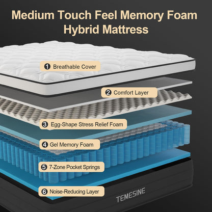 King Size Mattress, 14 Inch Hybrid Mattress in a Box with Individual Pocket Spring, Gel Memory Foam and Euro Top, Medium Firm Feel with Motion Isolation, Pressure Relief, Edge Support,Black