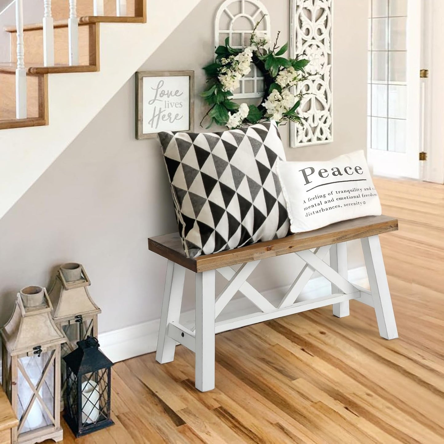 30" Farmhouse Wood Bench, Rustic Solid Wood Entryway Bench Seat with Double X-Structure for Dining Room, Living Room, Hallway, Structural Stability, White